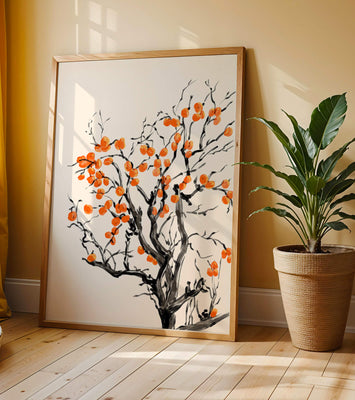 Elegant watercolor tree with vibrant orange fruit