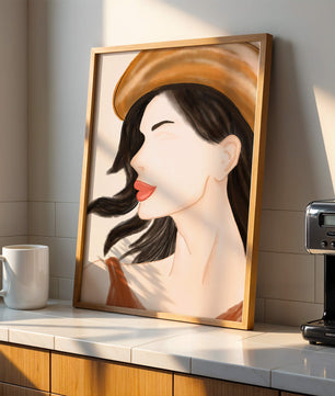 Stylized portrait of a woman in a hat with flowing hair