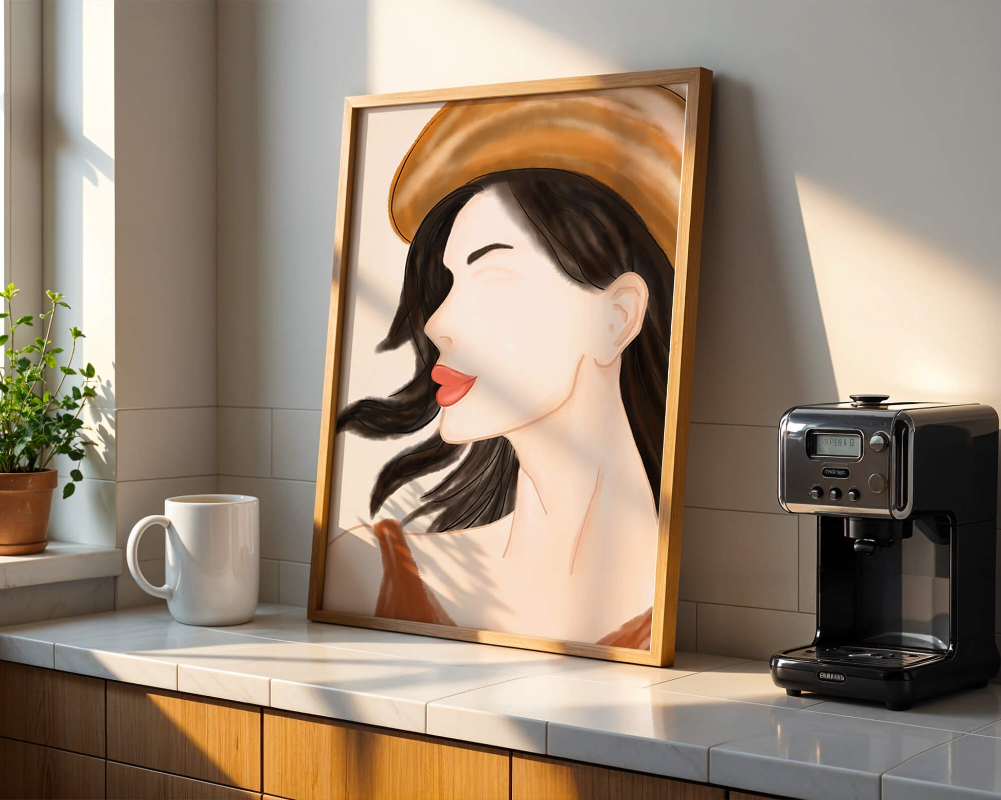 Stylized portrait of a woman in a hat with flowing hair