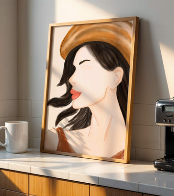 Stylized portrait of a woman in a hat with flowing hair