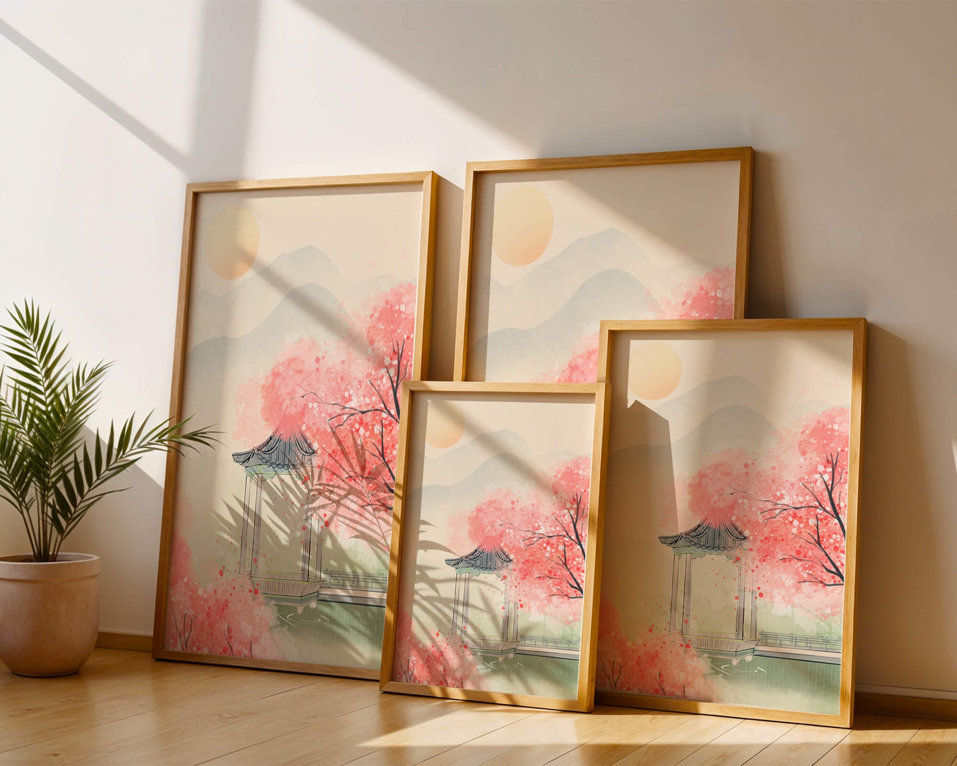 Serene landscape with cherry blossoms and traditional gazebo