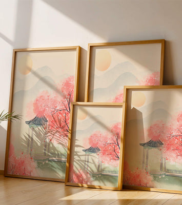 Serene landscape with cherry blossoms and traditional gazebo