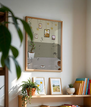 Habitación acogedora con decoraciones de estrellas y obra de arte de gatos