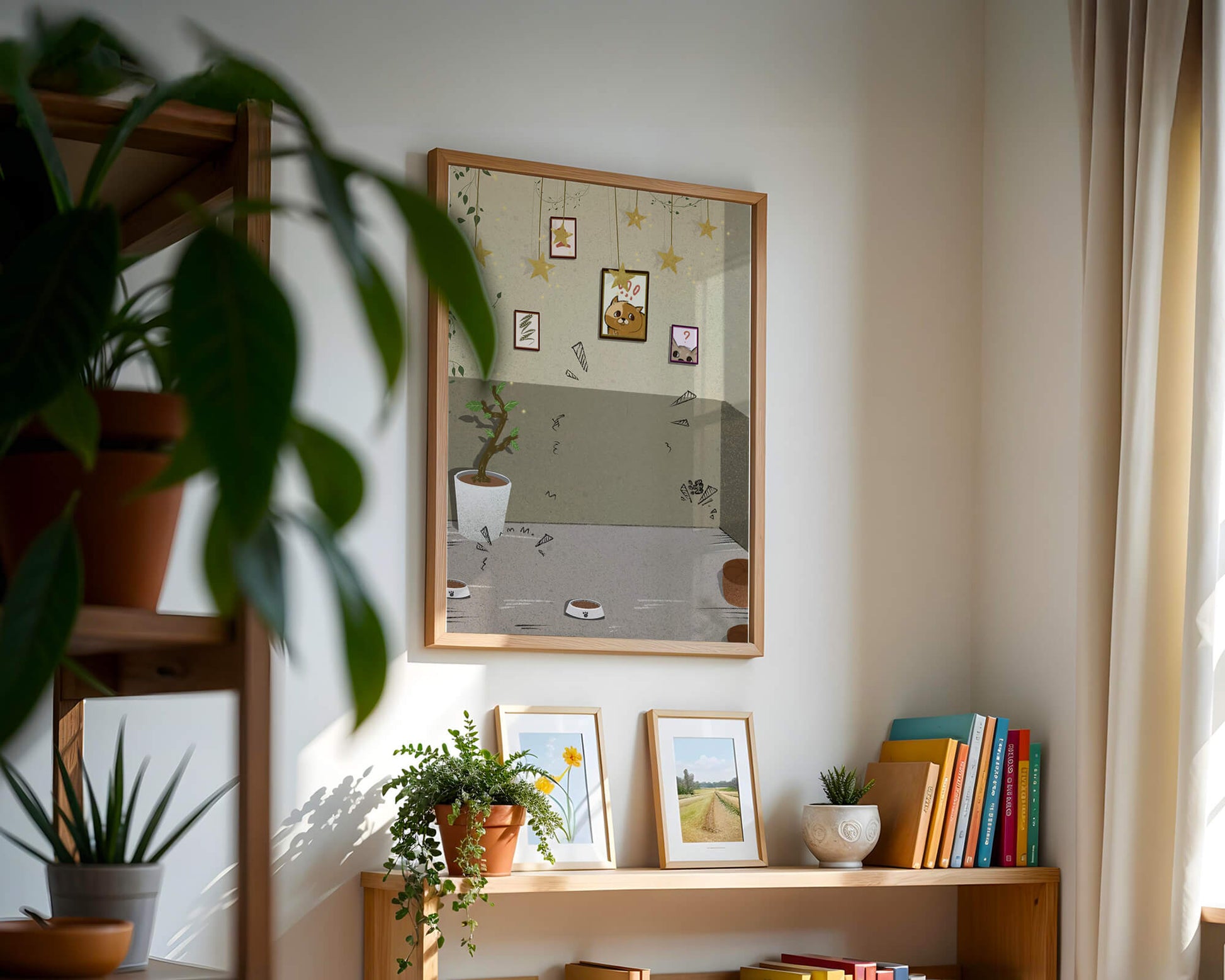 Cozy Room with Star Decorations and Cat Artwork