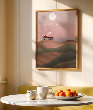 House On Pink Hill Under Full Moon