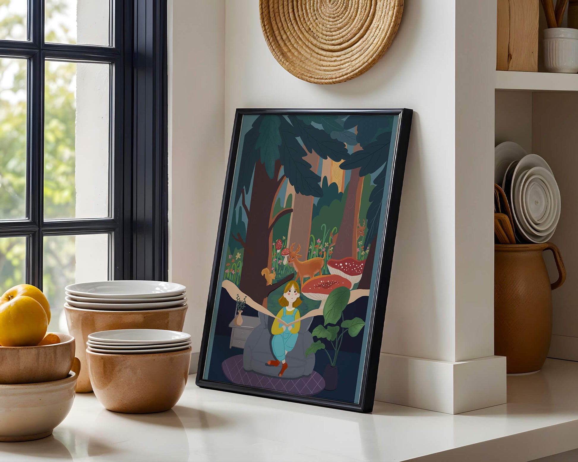 Figura femenina pacífica con criaturas del bosque y vegetación verde exuberante