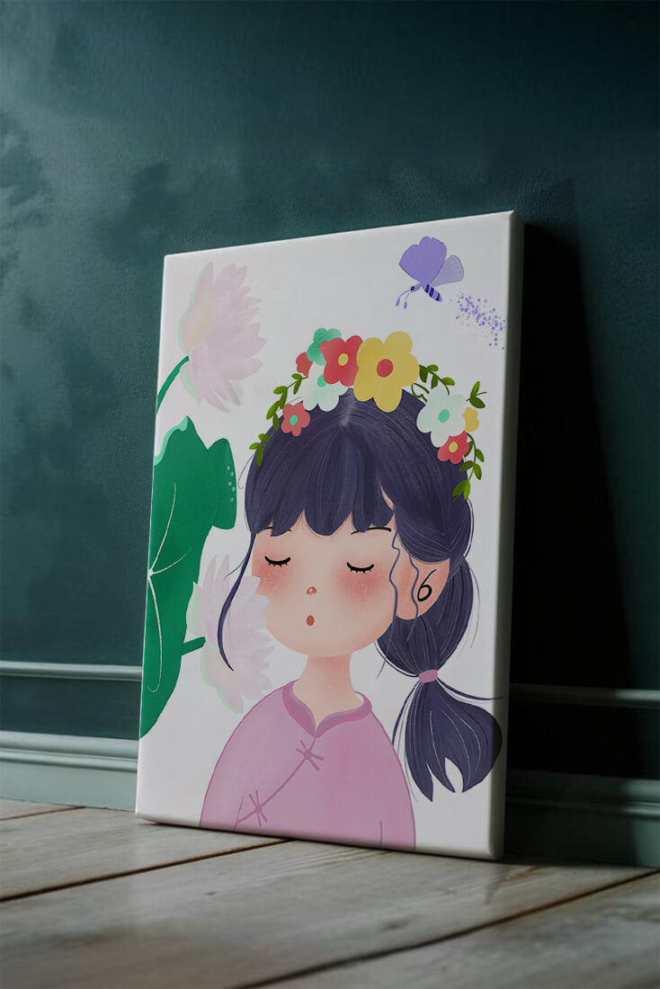 Whimsical illustration of a girl with a flower crown and butterfly