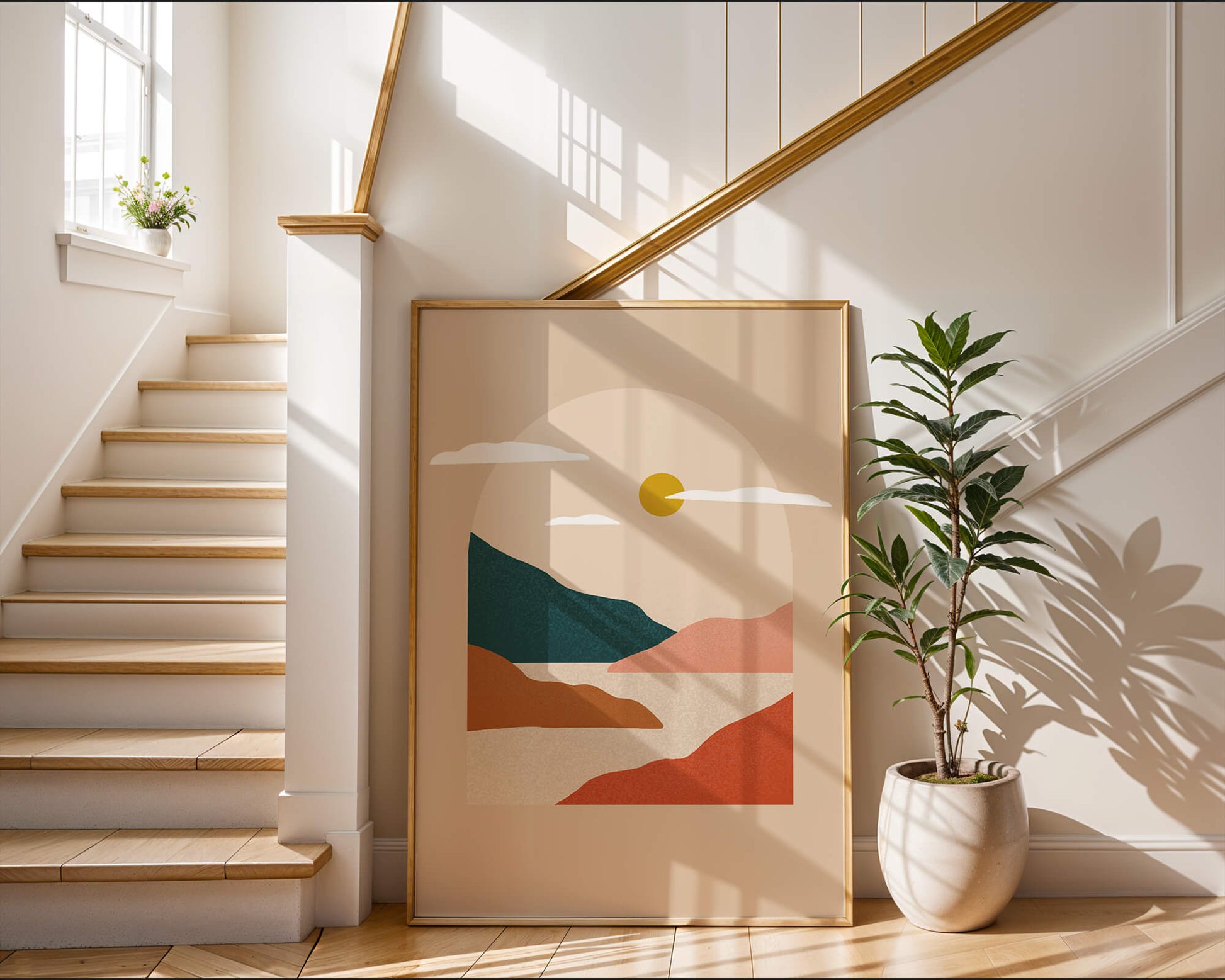 Paysage minimaliste avec montagnes et soleil