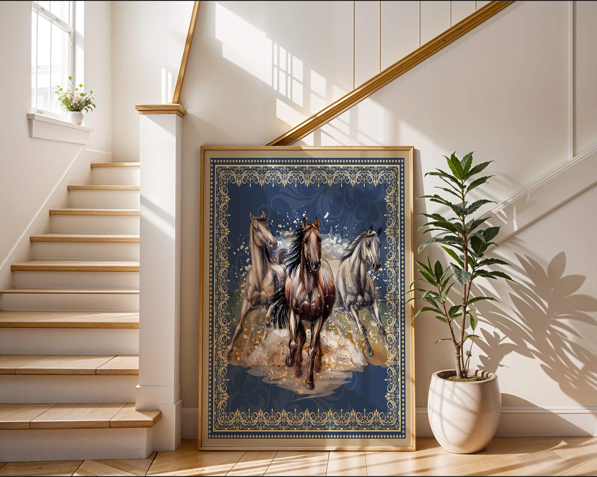 Running horses framed with elegant golden border on a blue background