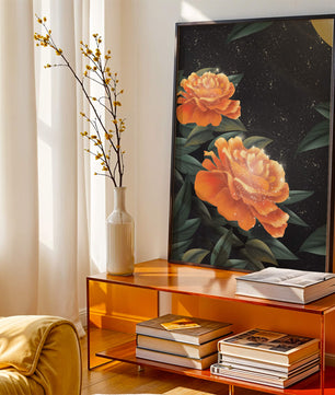 Fantasía floral elegante con flores naranjas vibrantes y un brillo dorado