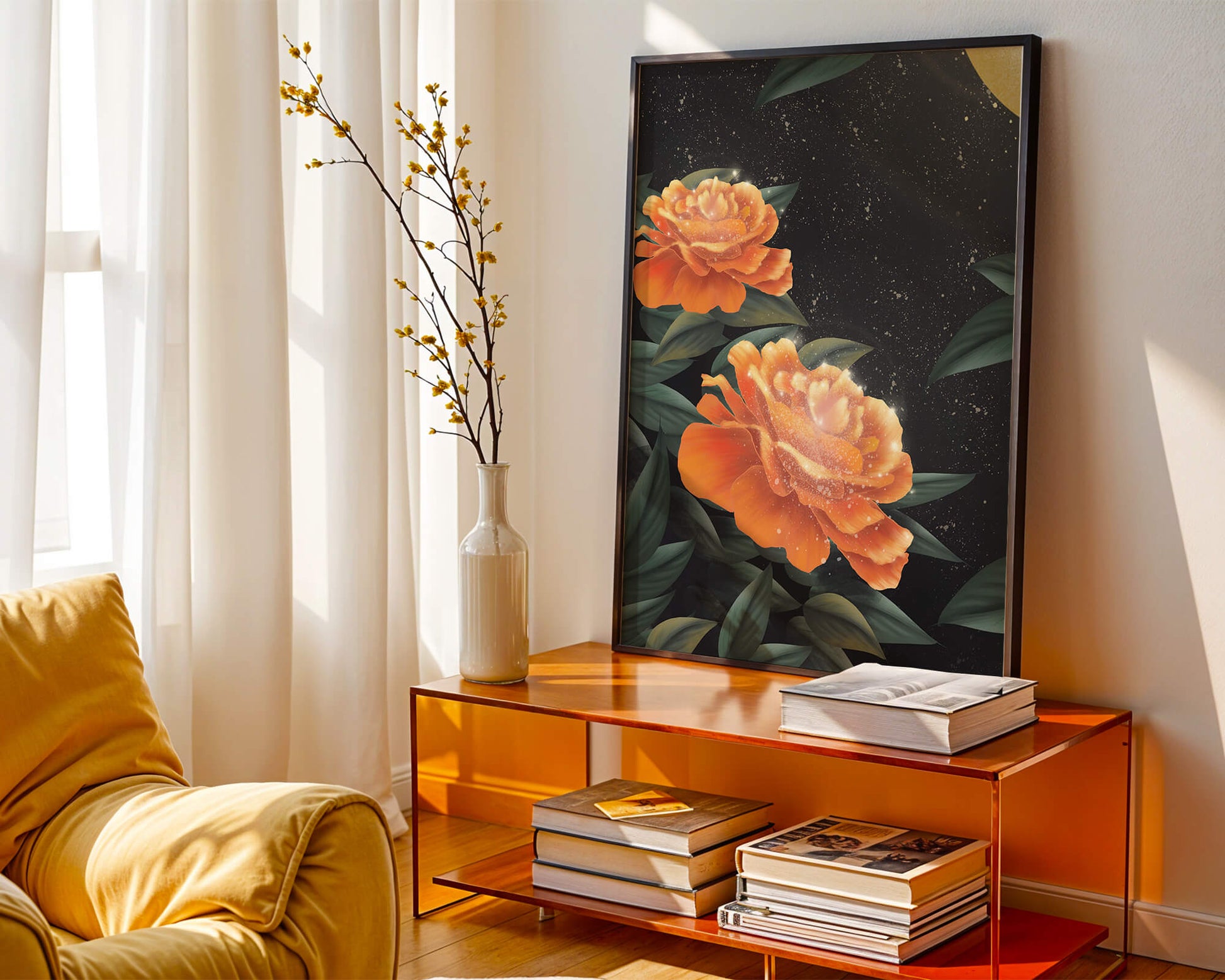 Fantasía floral elegante con flores naranjas vibrantes y un brillo dorado