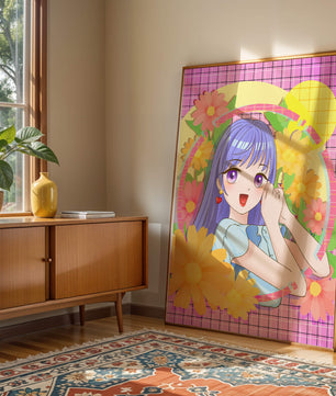 Anime-Mädchen mit leuchtenden Blumen und lila Haaren auf buntem Hintergrund