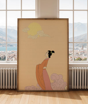 Elegant Woman in Traditional Dress with Moon and Clouds