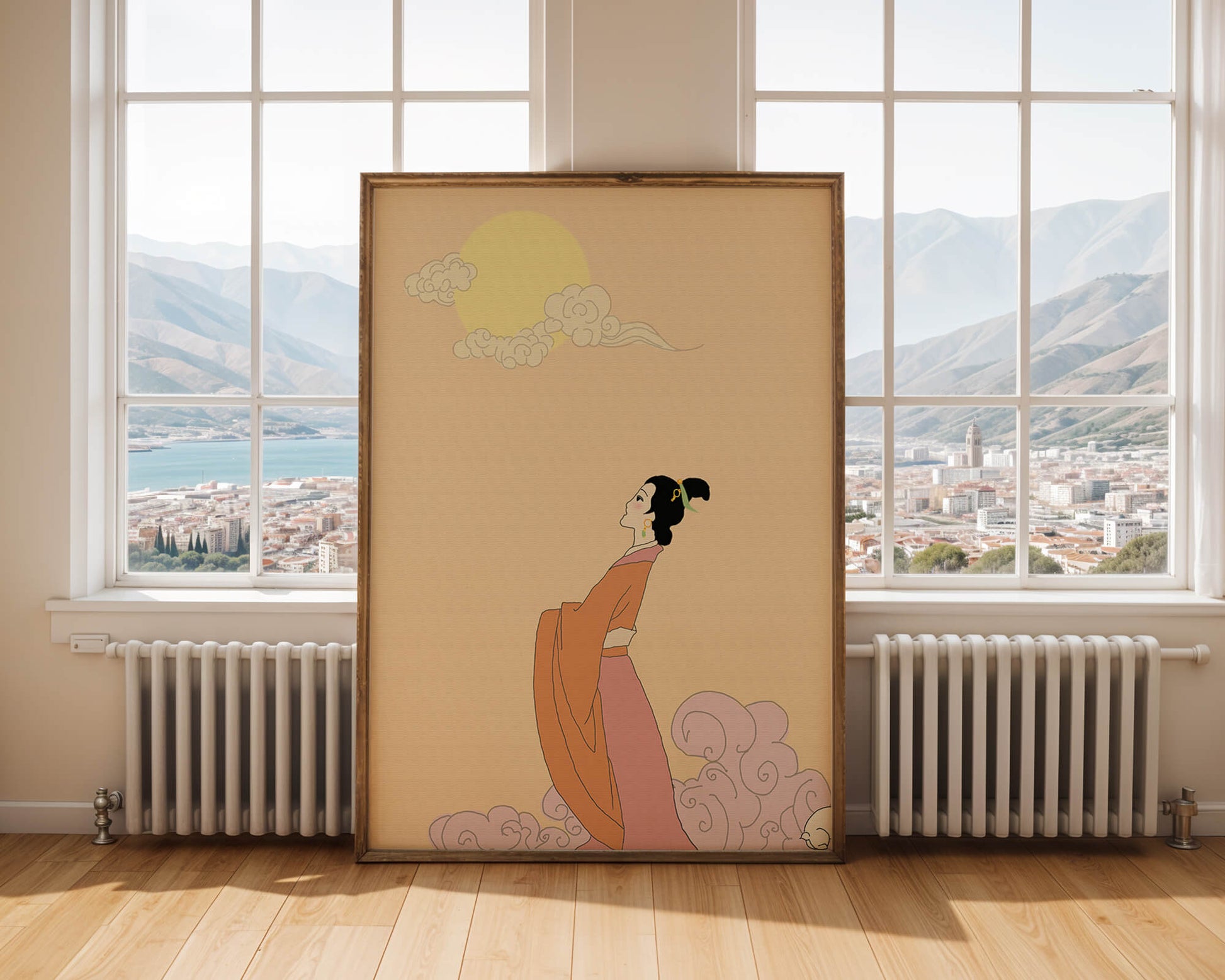 Elegant Woman in Traditional Dress with Moon and Clouds