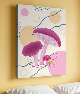 Champignons vibrants sur fond géométrique abstrait 