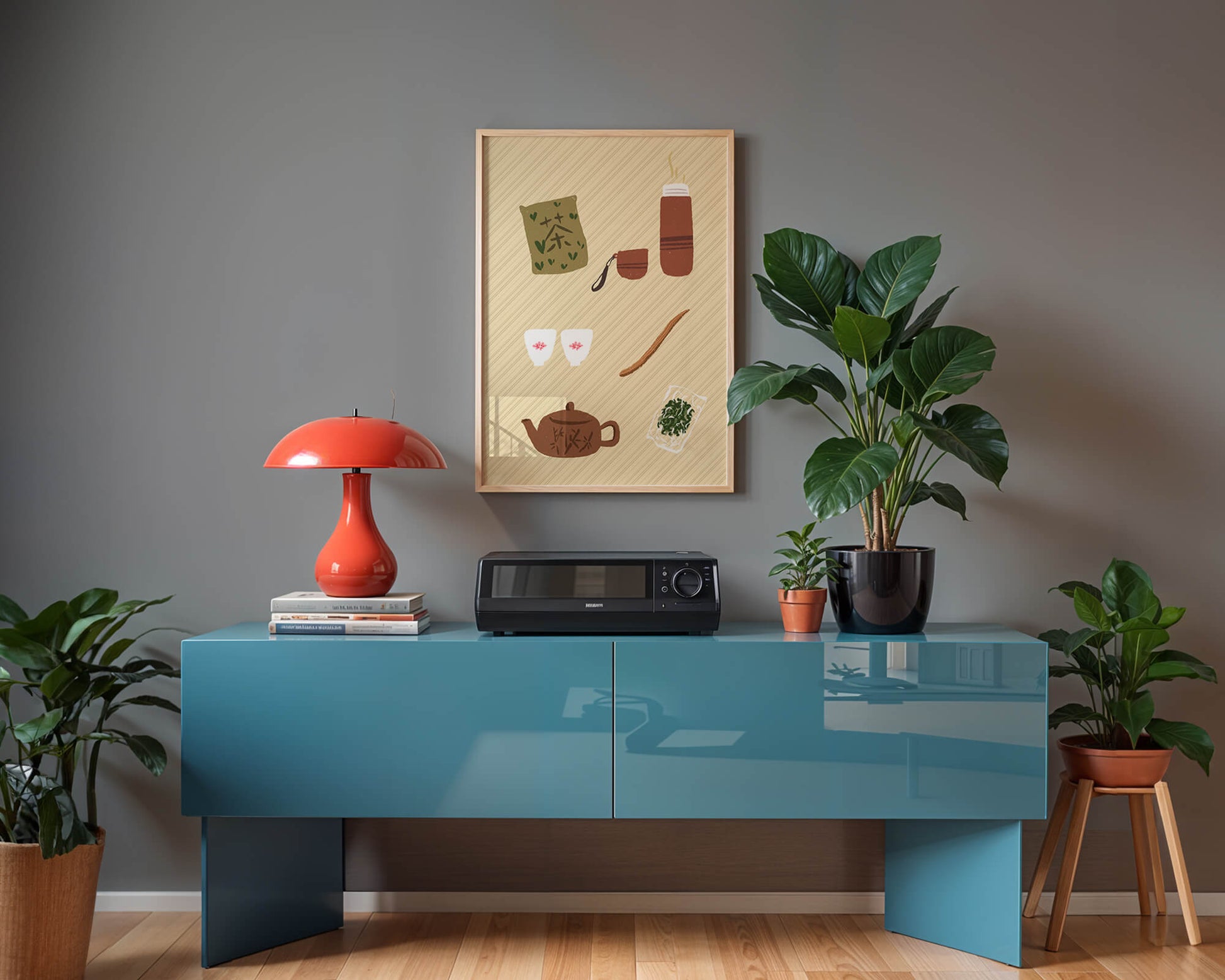 Illustración de un juego de té tradicional con hojas de té y accesorios