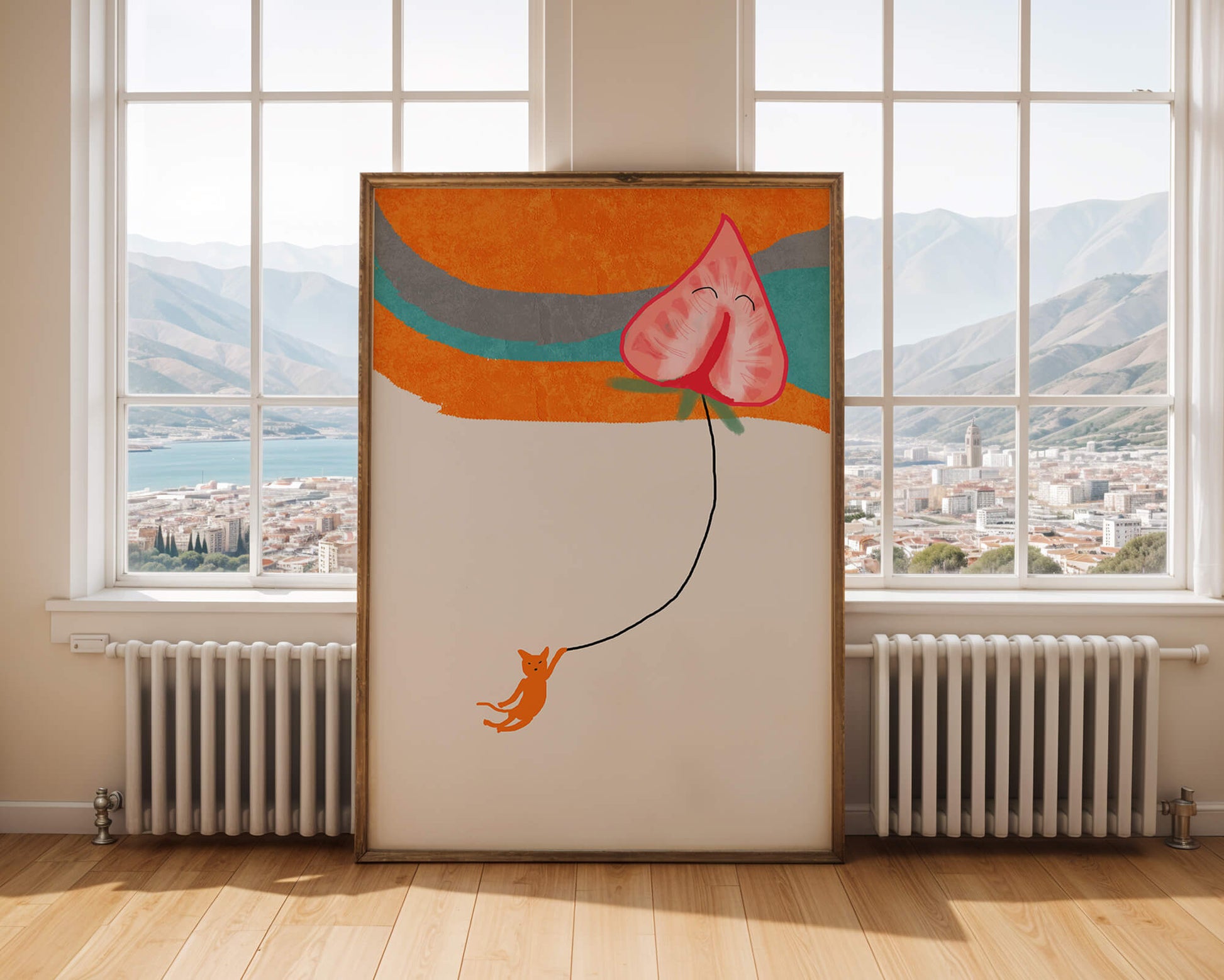 Gato naranja colgando de un globo en forma de corazón sobre un fondo abstracto