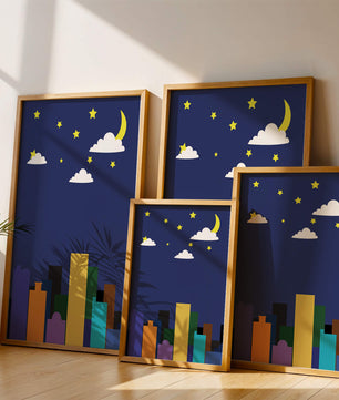 Night cityscape with colorful buildings and starry sky