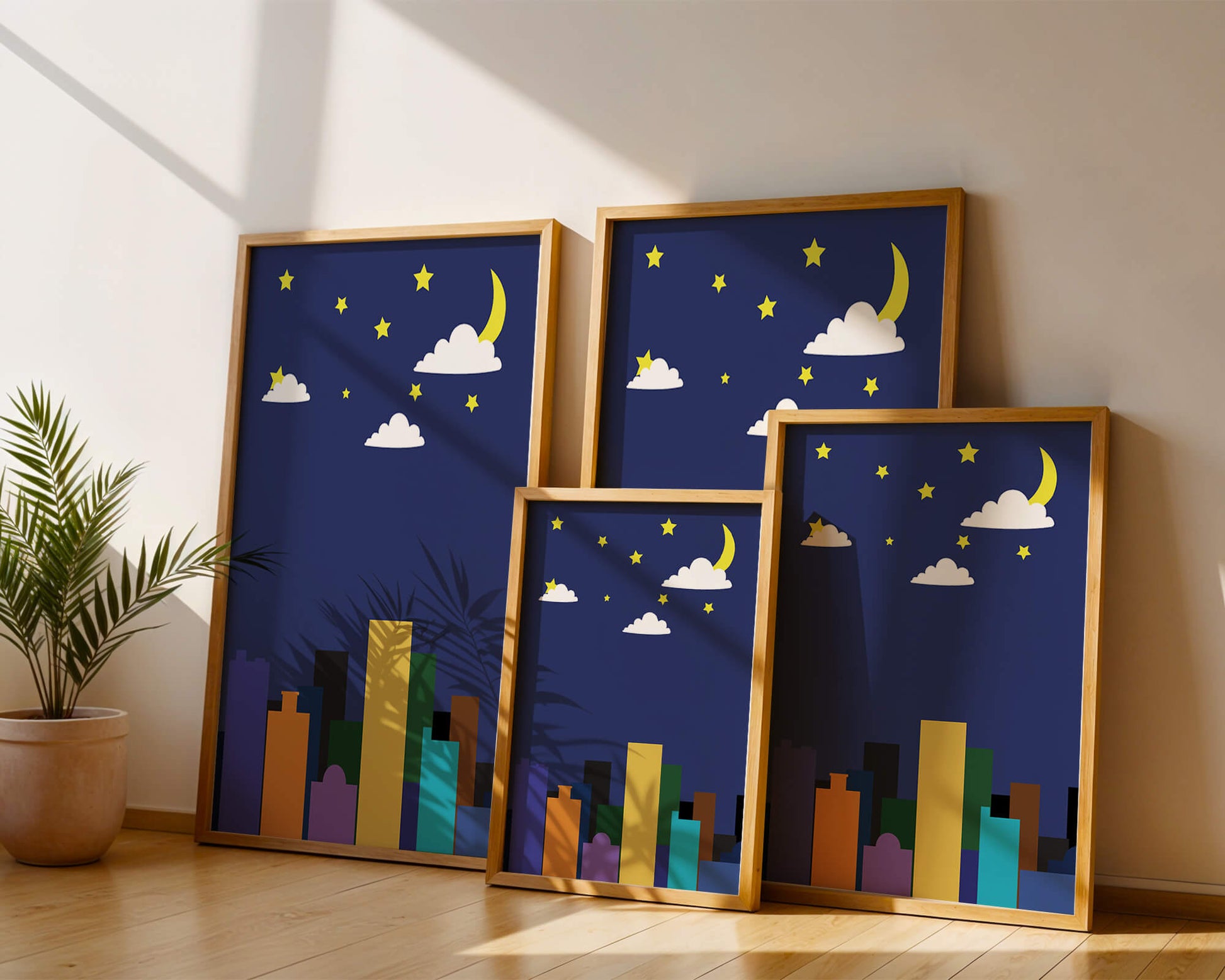 Night cityscape with colorful buildings and starry sky