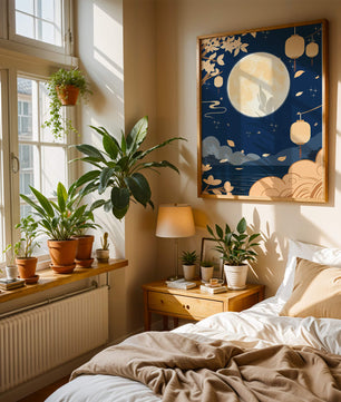 Full Moon Night with Lanterns and Falling Leaves in Tranquil Landscape