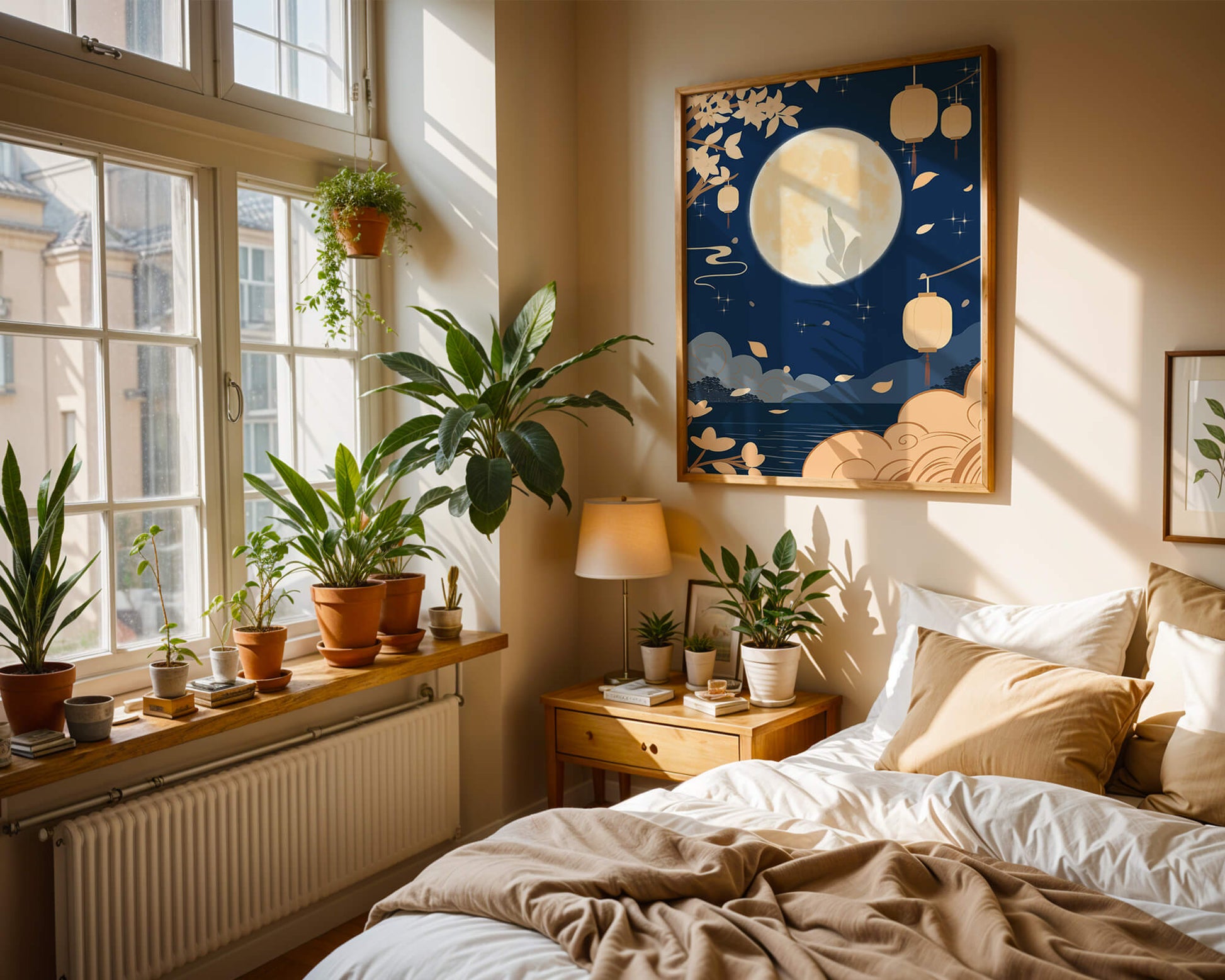 Full Moon Night with Lanterns and Falling Leaves in Tranquil Landscape