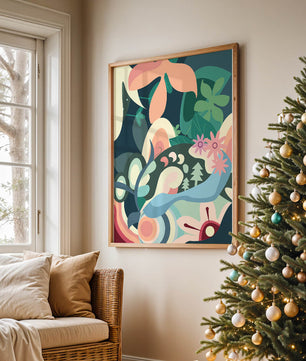 Abstract botanical artwork with vibrant colors and natural elements