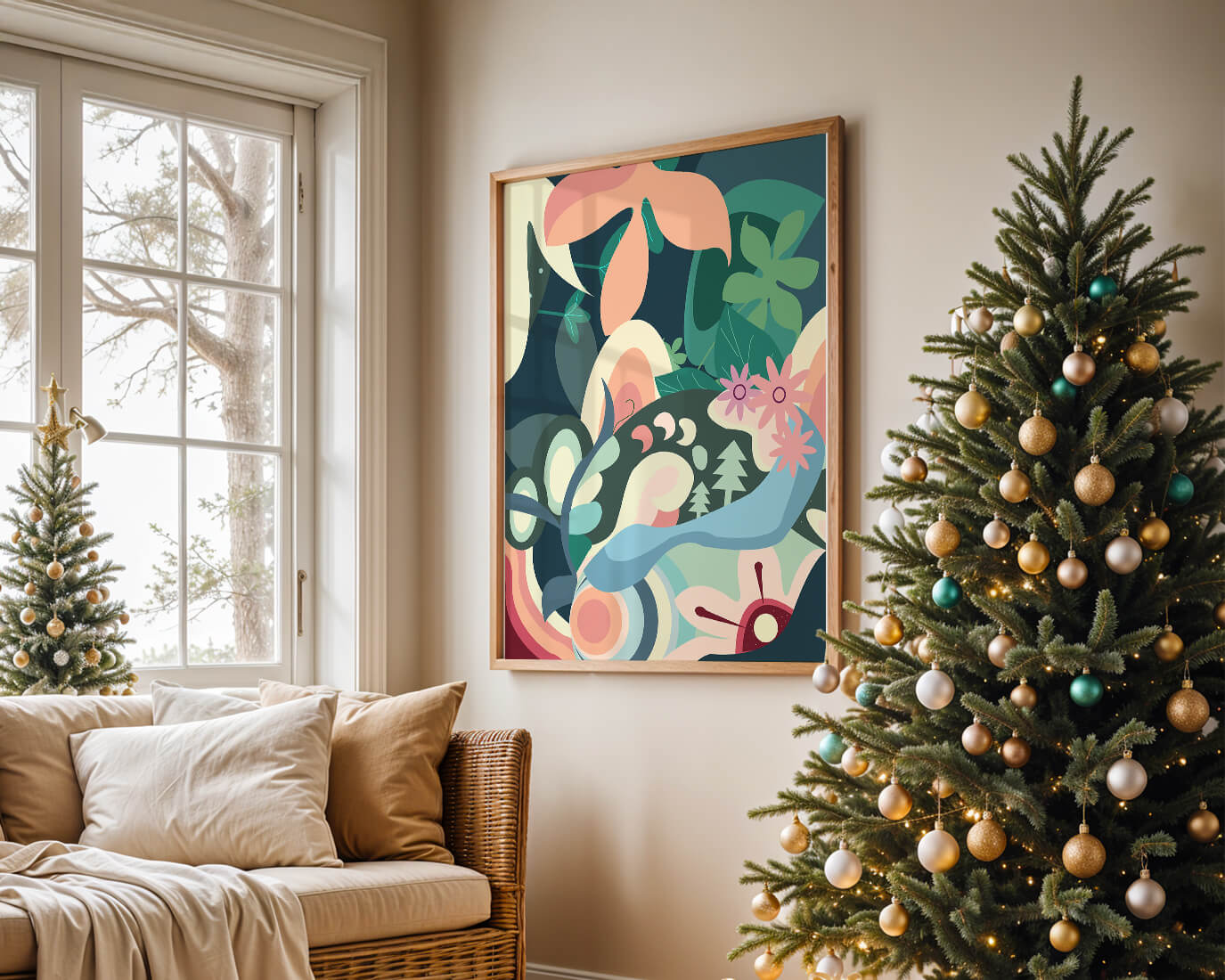 Abstract botanical artwork with vibrant colors and natural elements