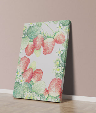Ilustración de fresas y flores con hojas verdes exuberantes