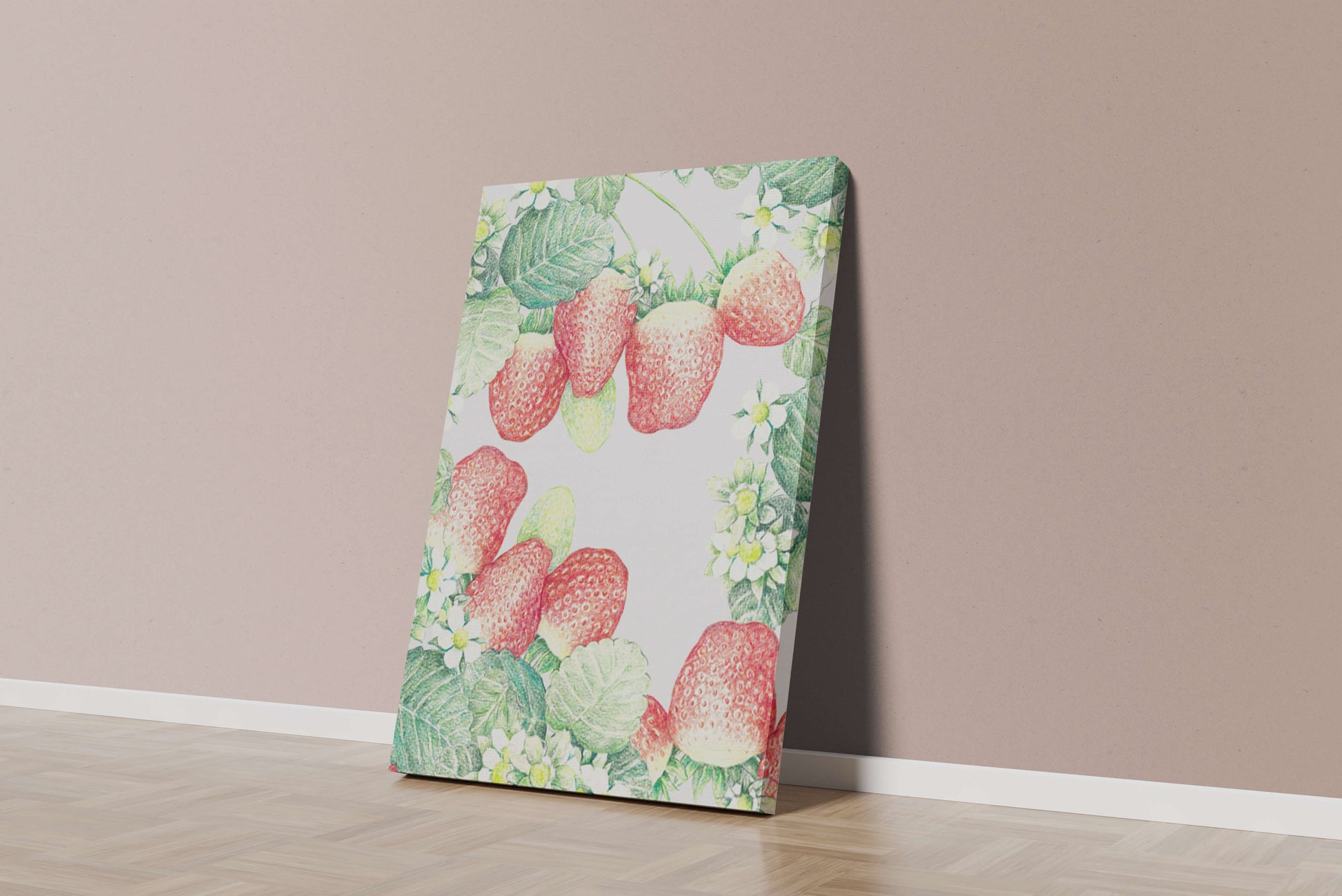 Illustration of strawberries and flowers with lush green leaves