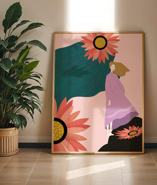 Stylized illustration of woman with vibrant floral elements