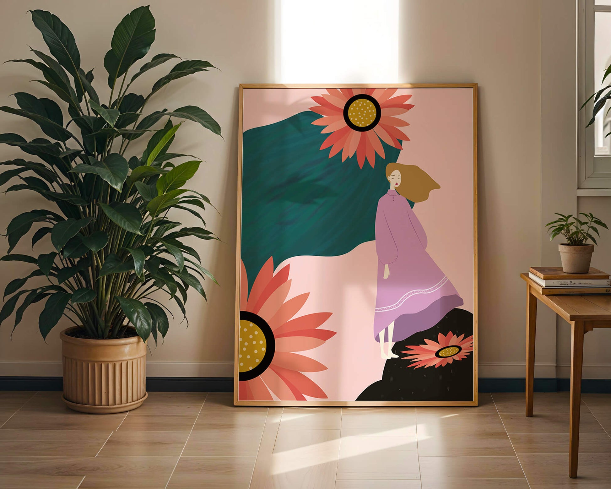 Stylized illustration of woman with vibrant floral elements