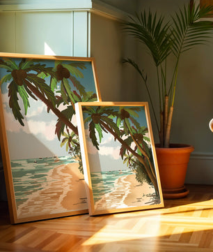 Tranquil Beach Scene with Palm Trees and Sailboats