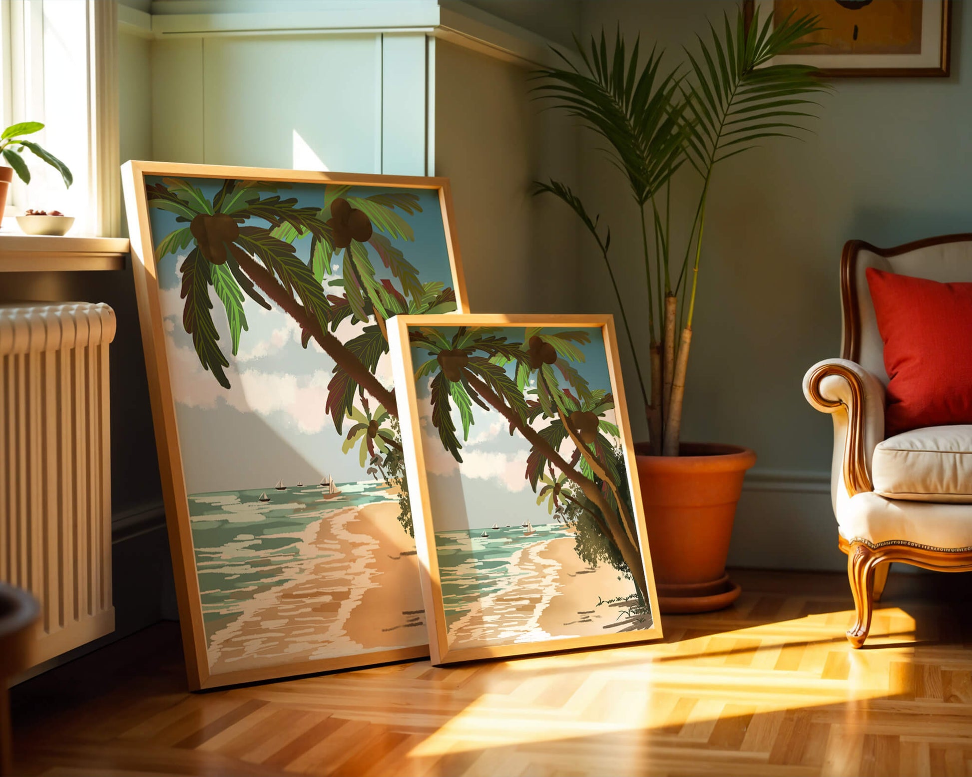 Tranquil Beach Scene with Palm Trees and Sailboats
