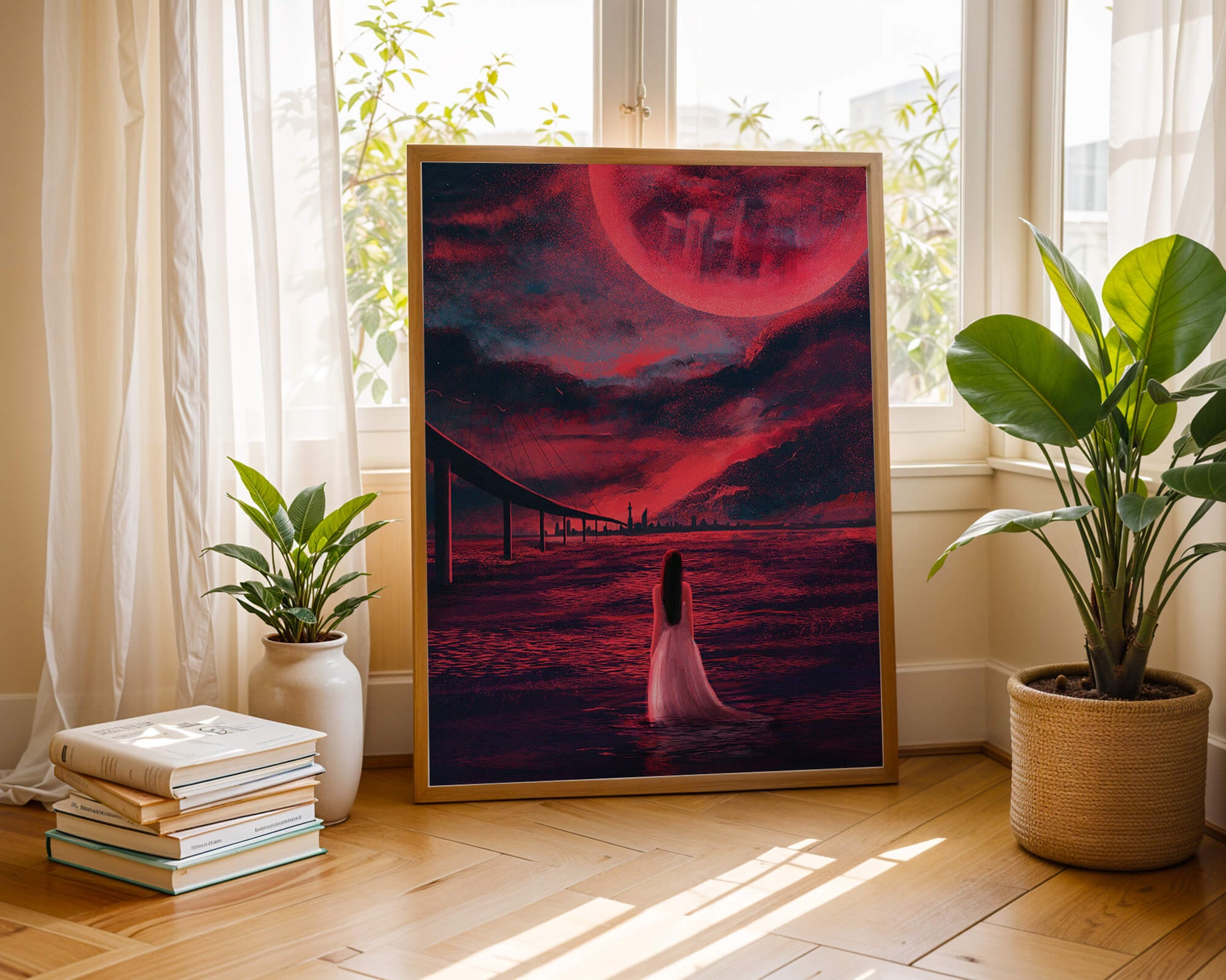 Dreamlike landscape with bridge and red night sky