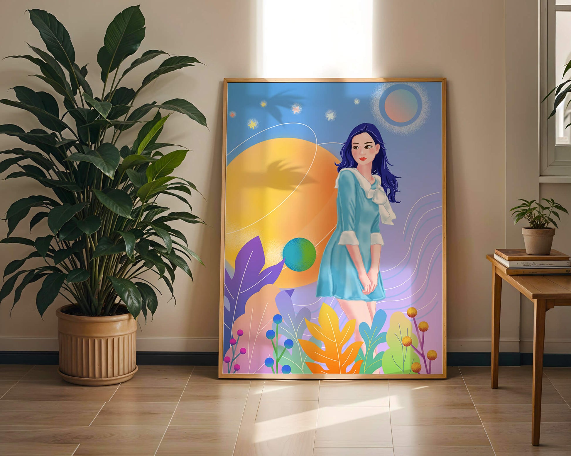 Ilustración de fantasía de una mujer en un jardín cósmico con colores vibrantes