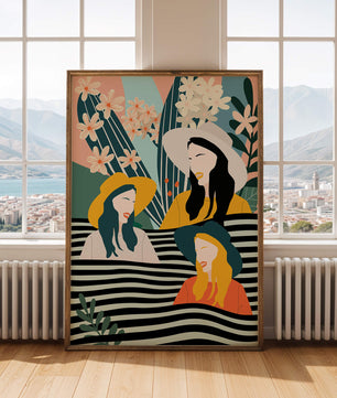 Illustration abstraite colorée de trois femmes avec des éléments floraux et botaniques