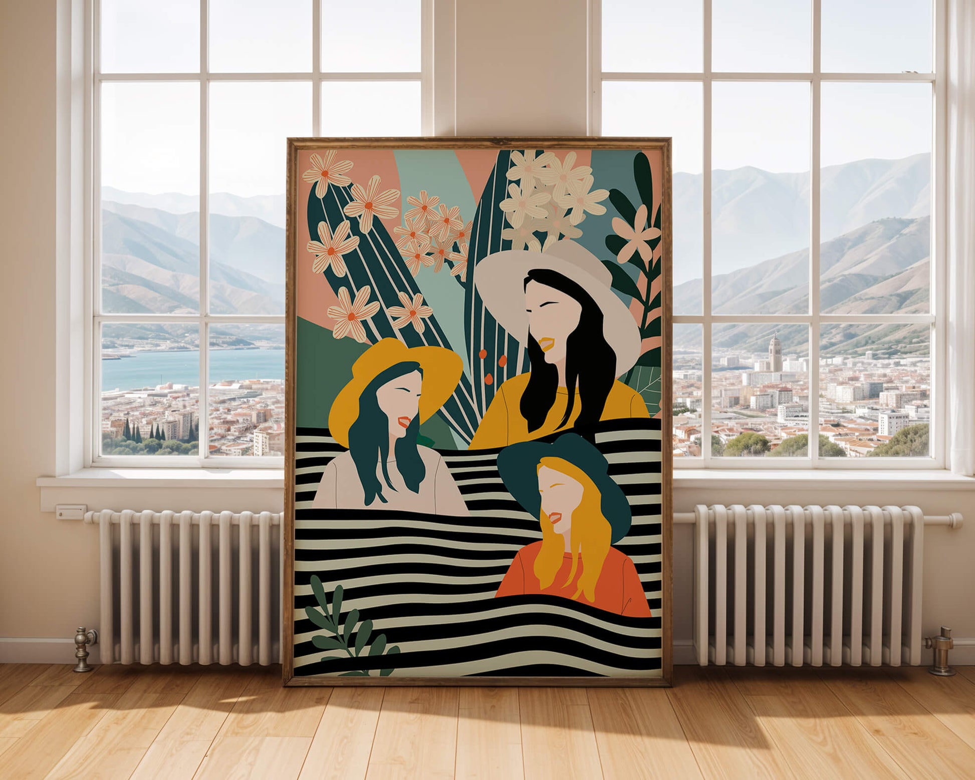 Illustration abstraite colorée de trois femmes avec des éléments floraux et botaniques