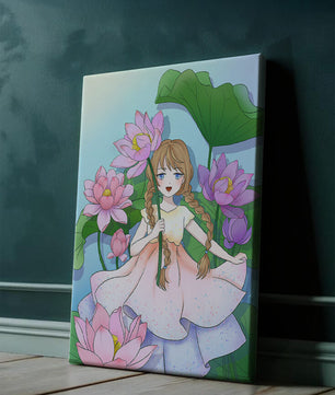 Illustration fantaisiste d'une jeune fille aux cheveux tressés parmi des fleurs de lotus