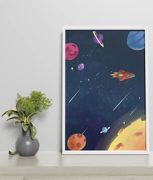 Farbenfrohes Weltraumabenteuer mit Planeten und Raketenillustration