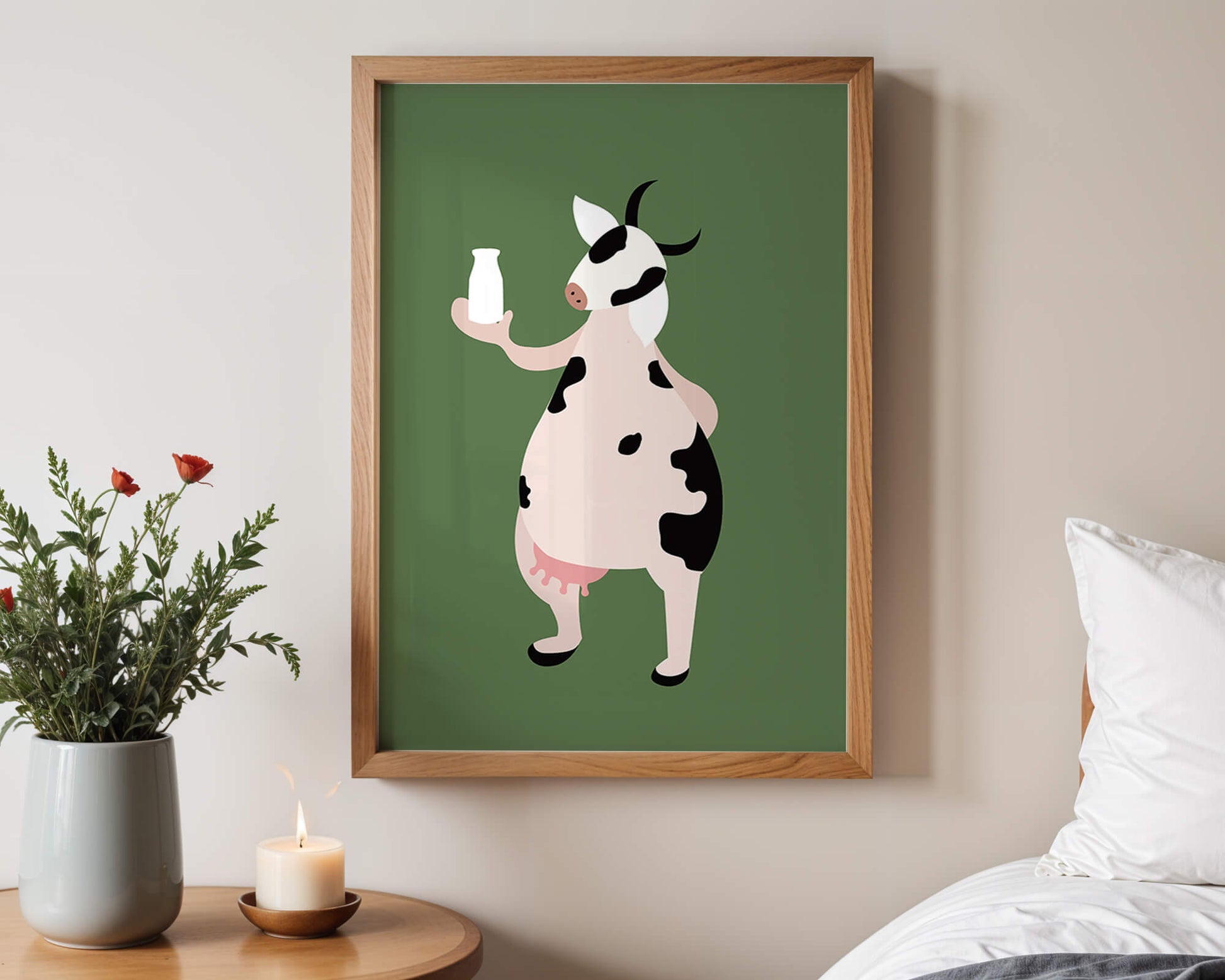Illustration of anthropomorphic cow holding a milk bottle on green background