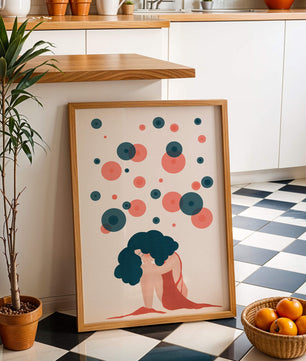 Abstract Illustration of a Woman with Curly Blue Hair Surrounded by Colorful Circles - Mi tienda