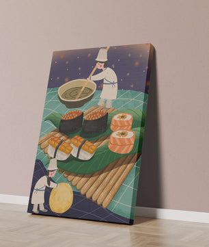 Ilustración juguetona de chefs preparando sushi en un paisaje imaginario