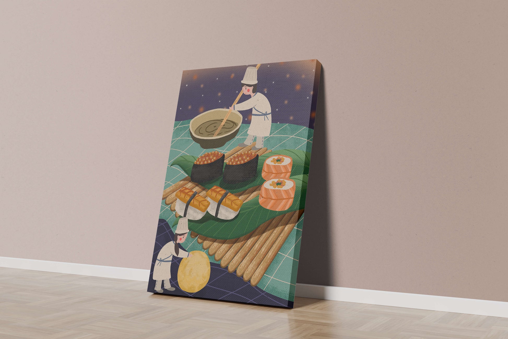 Ilustración juguetona de chefs preparando sushi en un paisaje imaginario