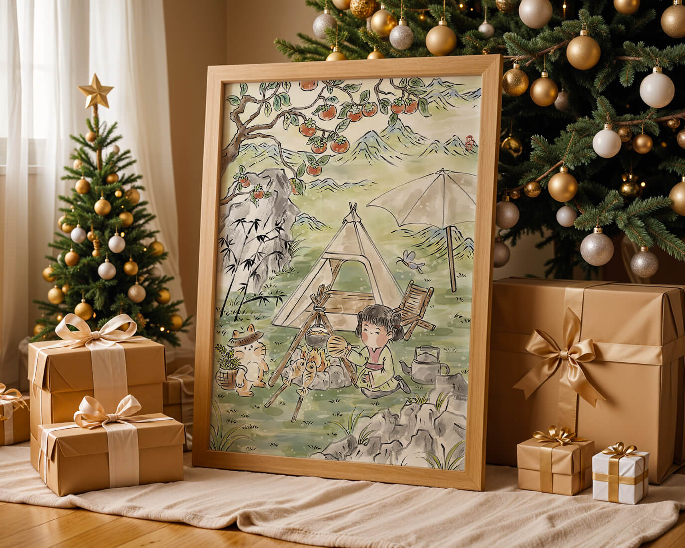 Escena encantadora de camping con un niño y un gato bajo un árbol de caqui