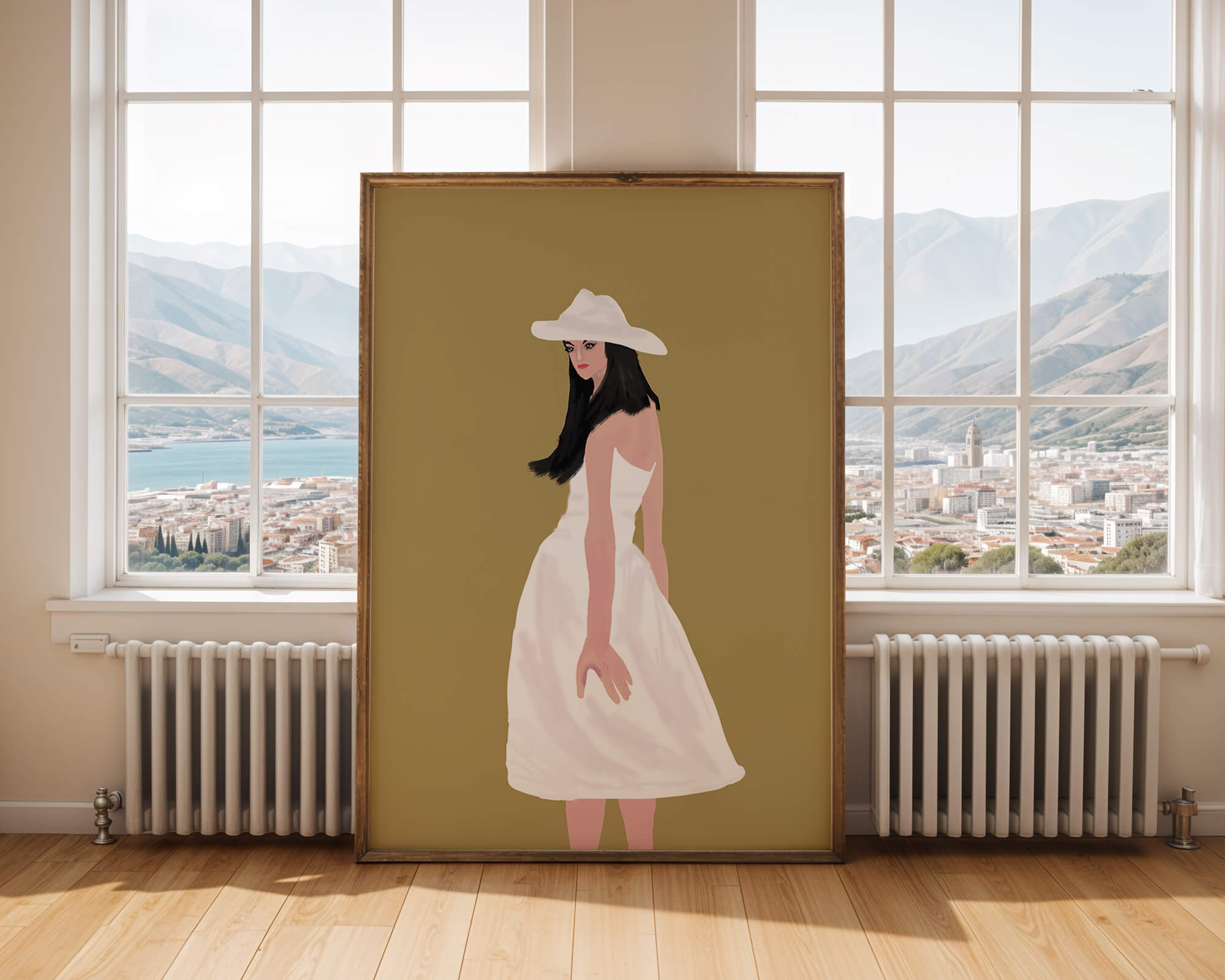 Woman in a white dress and hat on a gold background