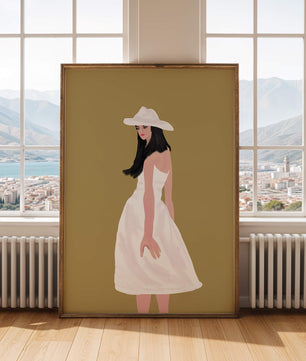 Woman in a white dress and hat on a gold background