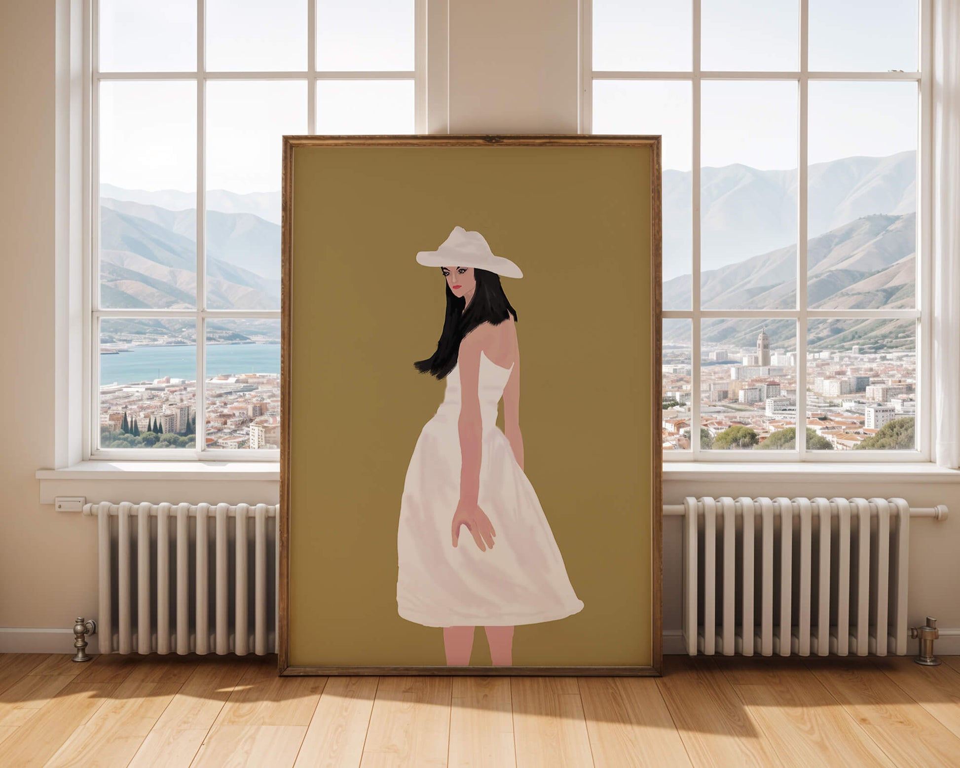 Woman in a white dress and hat on a gold background
