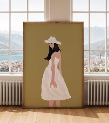 Woman in a white dress and hat on a gold background