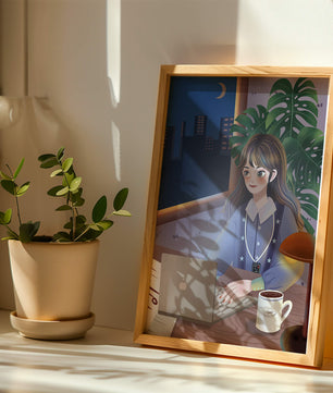 Cozy Evening Work from Home Setting with Laptop and Coffee