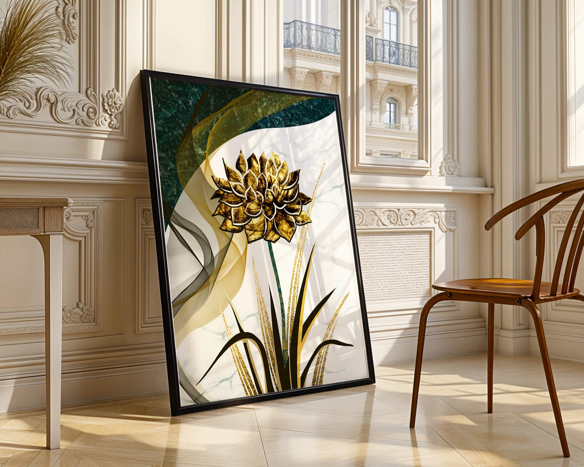 Golden flower artwork with abstract background for contemporary decor